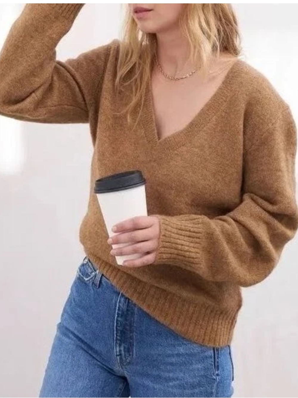 AYR Women's V-Neck Sweater in Camel Brown. Size L